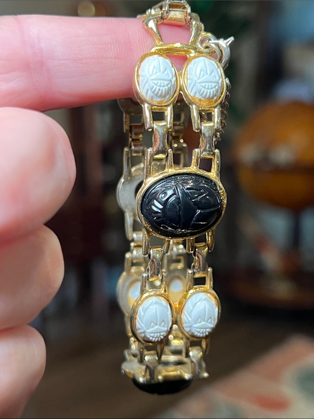 Vintage Egyptian Black White Scarab Cabochon Gold Tone Bracelet Safety Chain